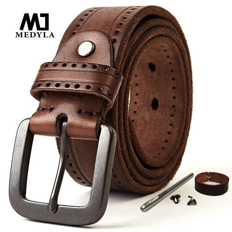 MEDYLA Natural Leather Belt Men's Hard Metal Matte Buckle Men's