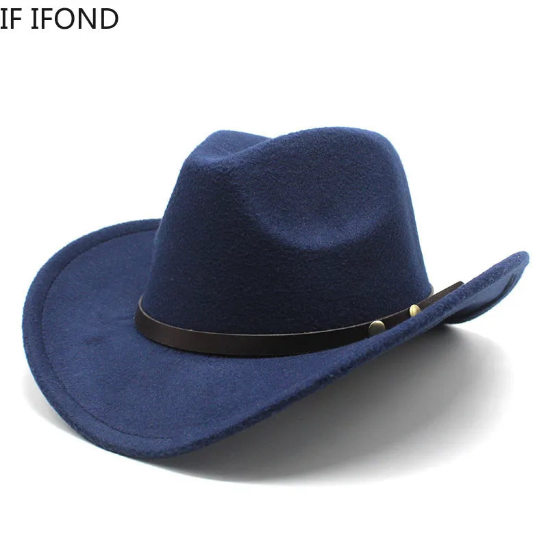 Unisex Vintage Western Cowboy Cowgirl Felt Hat With Punk Belt Winter