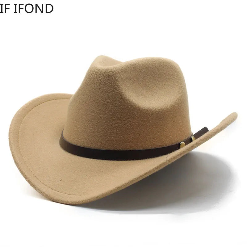 Unisex Vintage Western Cowboy Cowgirl Felt Hat With Punk Belt Winter