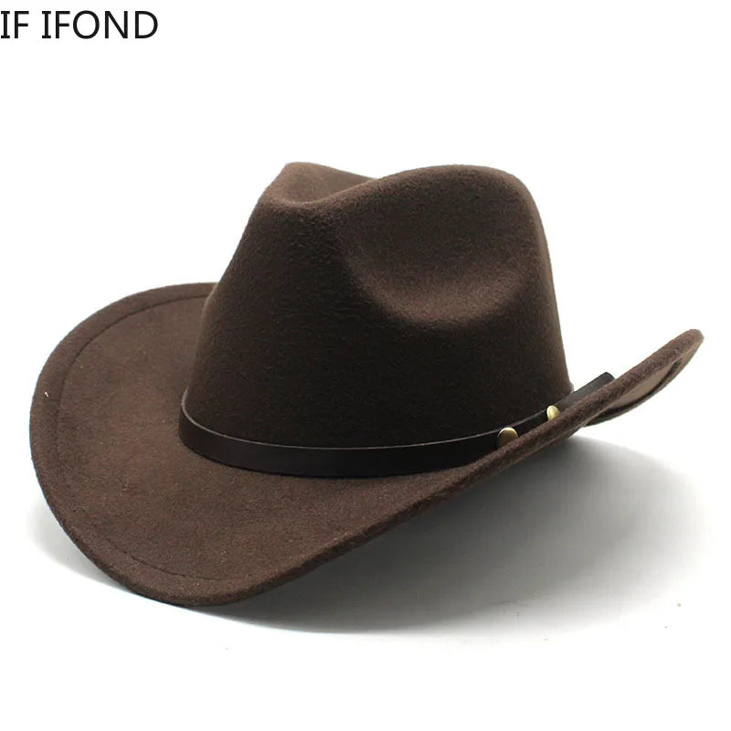 Unisex Vintage Western Cowboy Cowgirl Felt Hat With Punk Belt Winter