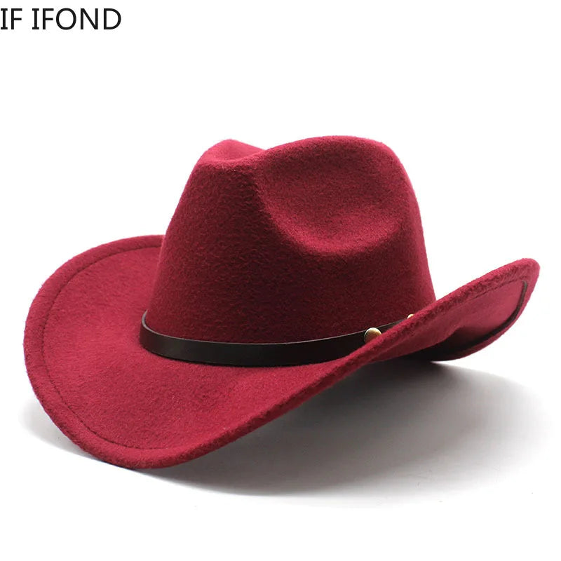 Unisex Vintage Western Cowboy Cowgirl Felt Hat With Punk Belt Winter