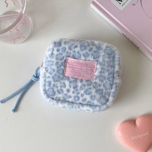 Fashion Trendy Plush Square Leopard Pattern Makeup Bag Winter Cute
