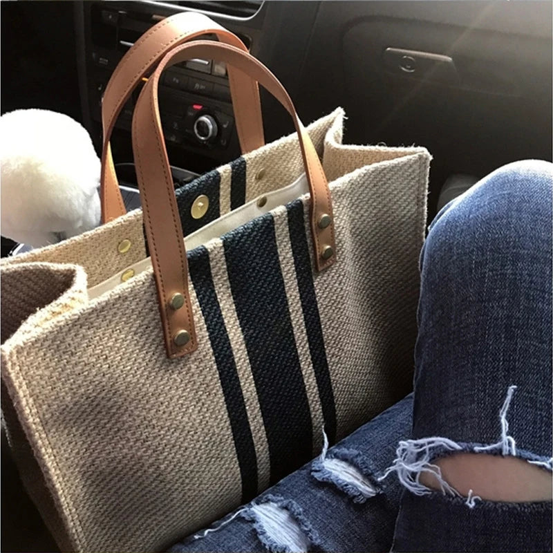 Simple Canvas Stripe Decor Bucket Handbags Women Top Handle Tote Bag