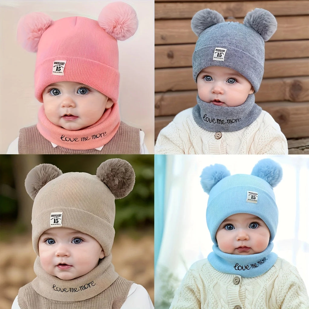 2pcs Winter Baby Hat Scarf Set Toddler Girl Boy Cap Knitted Beanie Fur