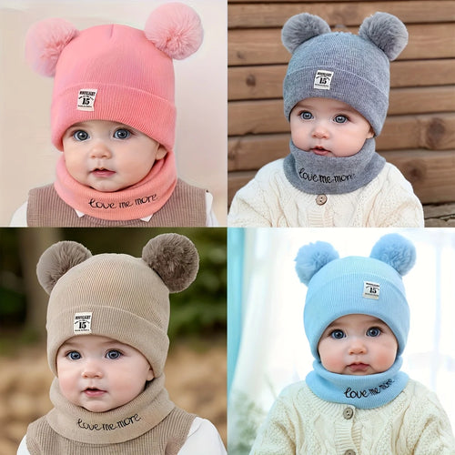 2pcs Winter Baby Hat Scarf Set Toddler Girl Boy Cap Knitted Beanie Fur