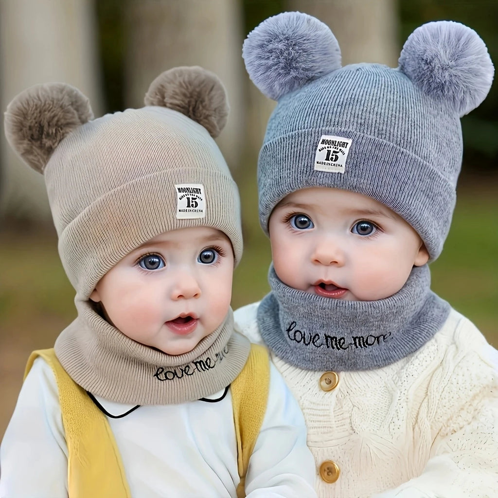 2pcs Winter Baby Hat Scarf Set Toddler Girl Boy Cap Knitted Beanie Fur