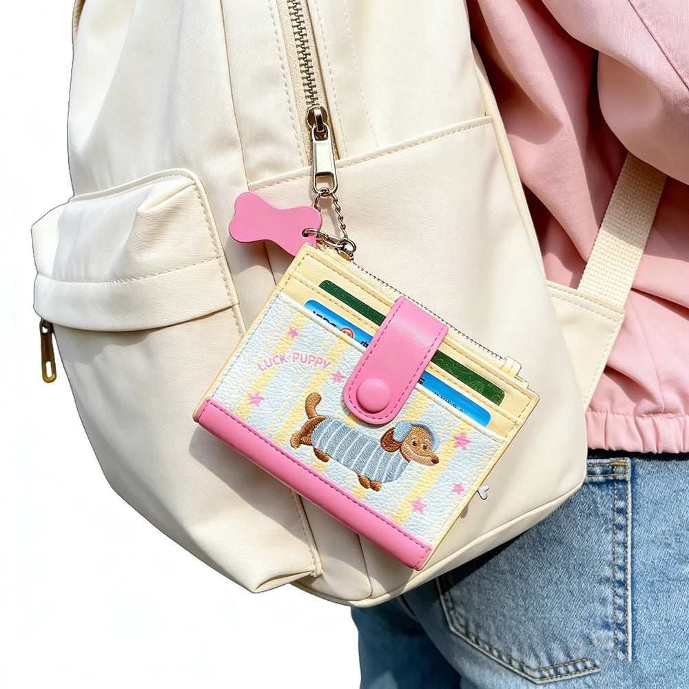 Women Cute Cartoon Embroidery Sausage Dog Wallet Zipper Coin Purse