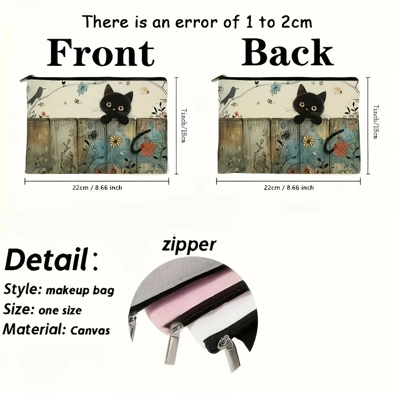 Black Cat Floral Zipper Pouch - Durable, Fade-Resistant Cosmetic Bag,