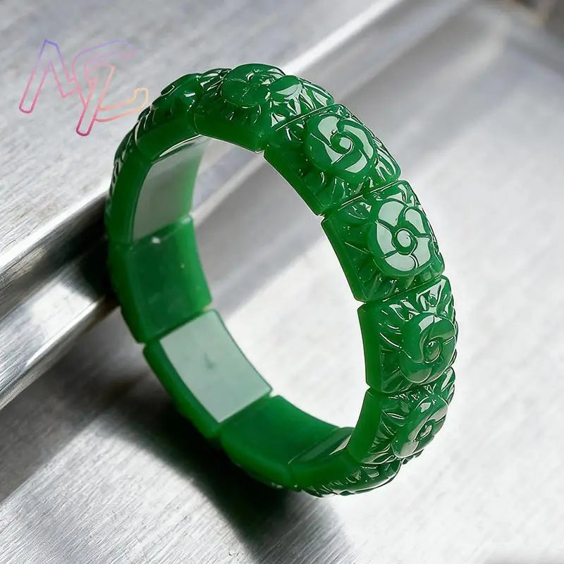 Real Jade Flower Bracelet Bangle Designer Vintage Natural Jewelry