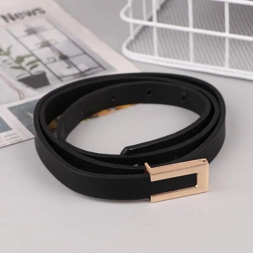〔CC55〕Women Thin Belt Black Gold Silver Metal Buckle Belt PU Casual