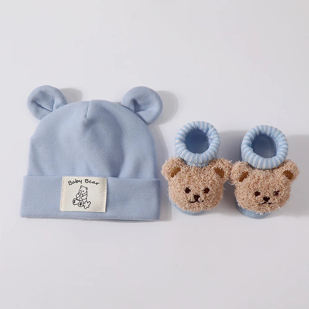 1Set Winter Bear Baby Warm Hats Socks For Newborn Autumn New Soft