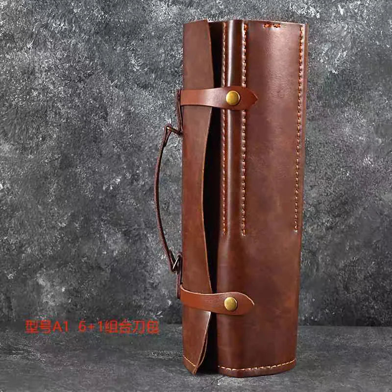 Portable Handheld Split Leather Knife Roll Pouch Vintage Cutlery