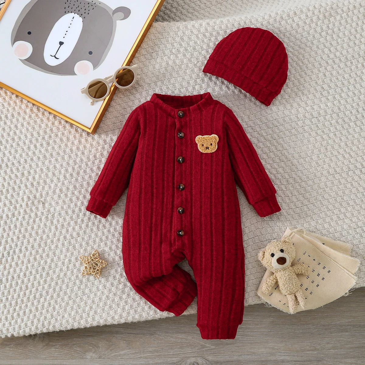 【Baby Boy】Autumn & Winter Red Onesie with Front Single-Breasted