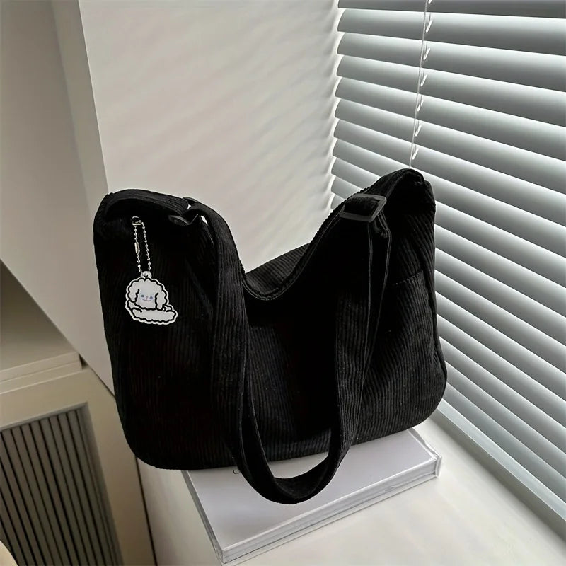 Women’s Corduroy Shoulder Bag, Casual Striped Large Capacity Tote with