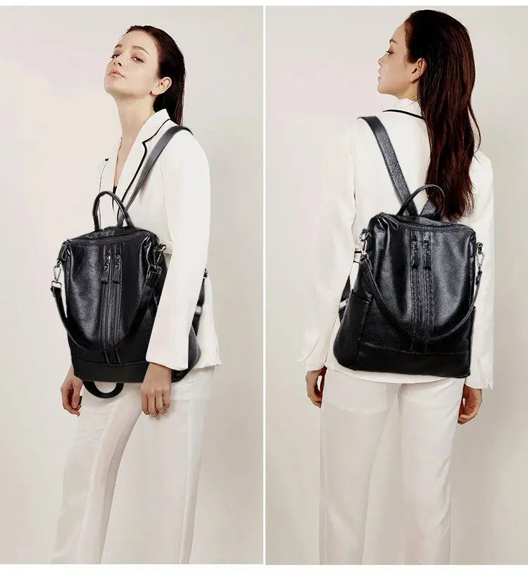Women's Soft Leather Backpack — Black Casual Multifunctional School Bag