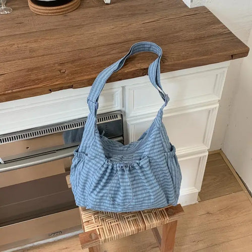 Korean Nylon Shoulder Bag Fashion Simple Plaid Zipper Tote Bag