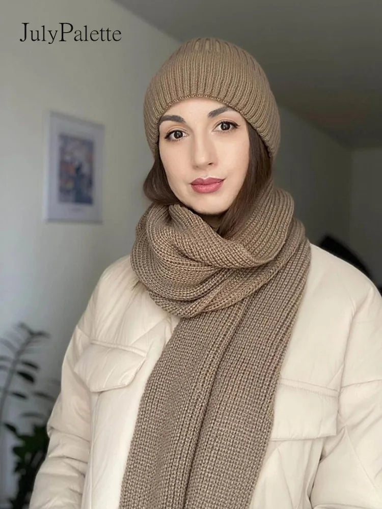 JulyPalette Solid Simple 3Pcs Knitted Set Winter Warm Beanie Hat Long