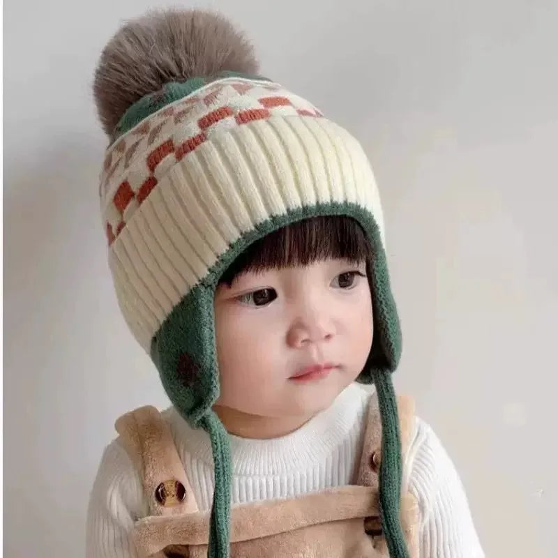 Ear Protection Baby Beanie Caps with Earflaps Soft Warm Pom Pom Winter