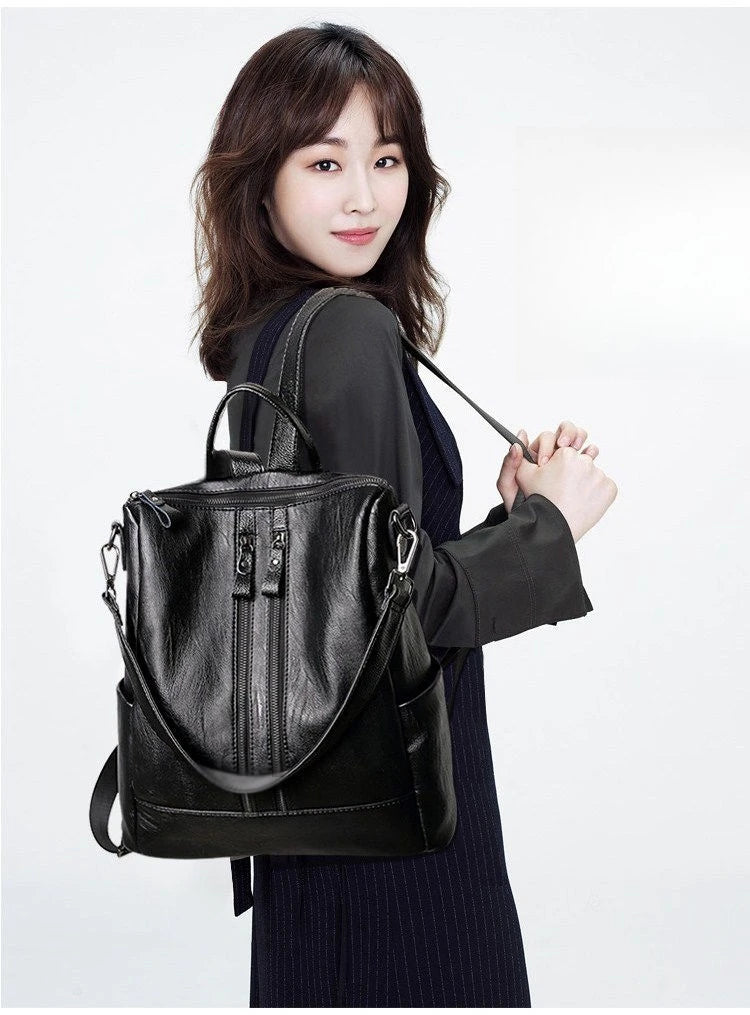 Women's Soft Leather Backpack — Black Casual Multifunctional School Bag