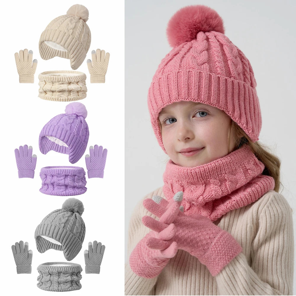 3Pcs Children Knitted Hat Scarf Gloves Set Fleece Lining Warm Kids