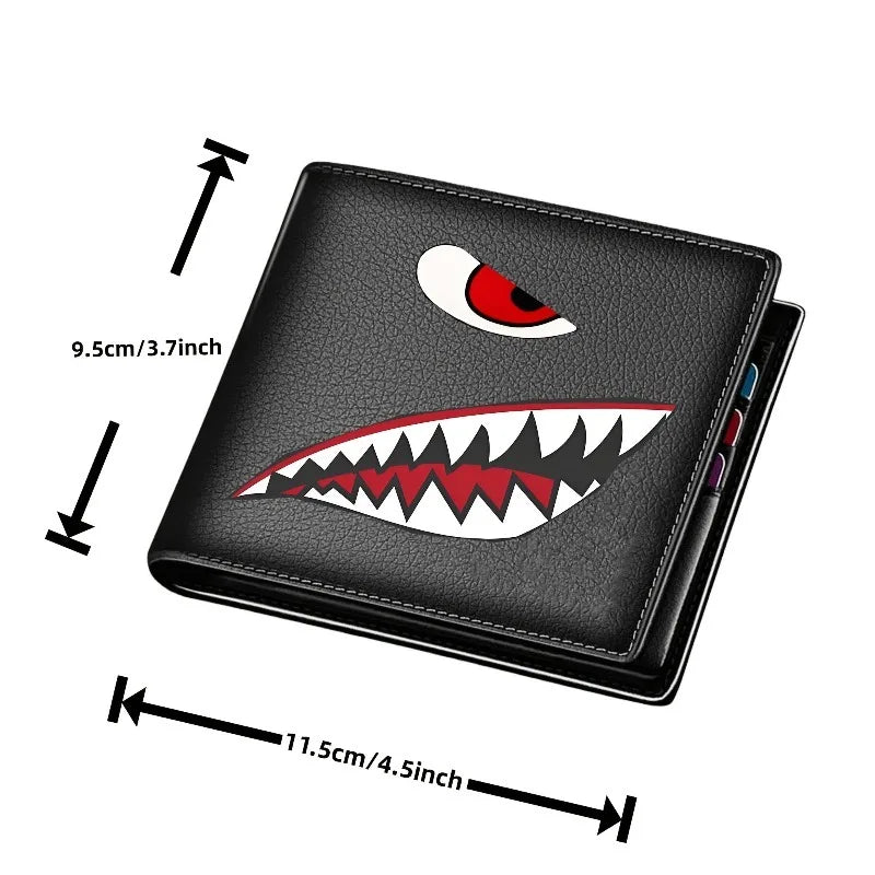 Men's Black Faux Leather Wallet with Shark Mouth Design Slim Credit