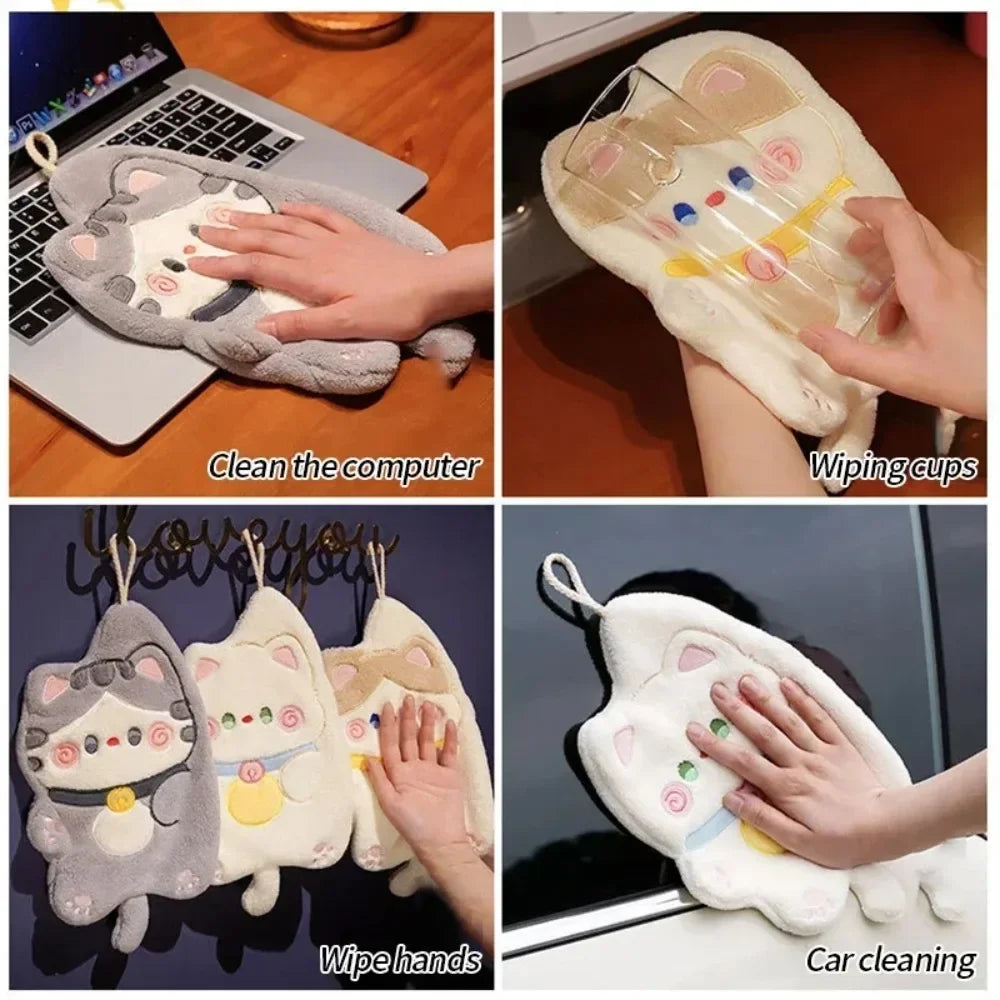 Cute Cat Hand Towel Quick Drying Kitchen Cleaning Rag Coral Velvet