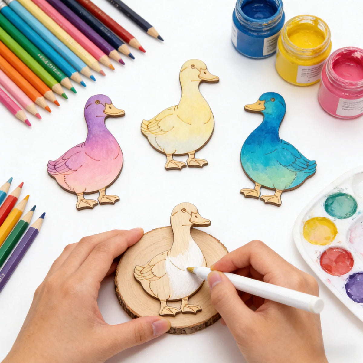 10pcs/set Unfinished Wood Duck Animal Ornaments Wooden Craft Set for
