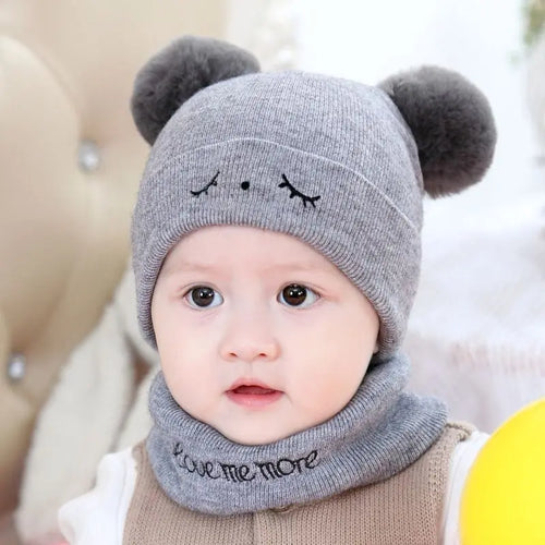 2pcs Winter Baby Hat Scarf Set Toddler Girl Boy Cap Knitted Beanie Fur