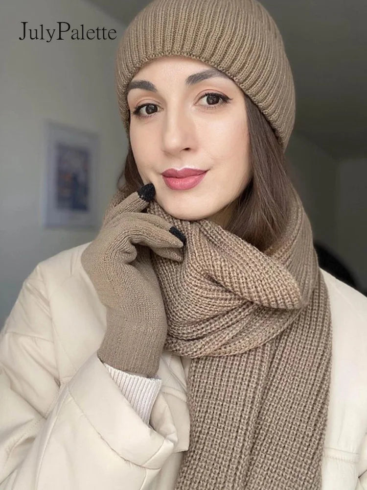 JulyPalette Solid Simple 3Pcs Knitted Set Winter Warm Beanie Hat Long