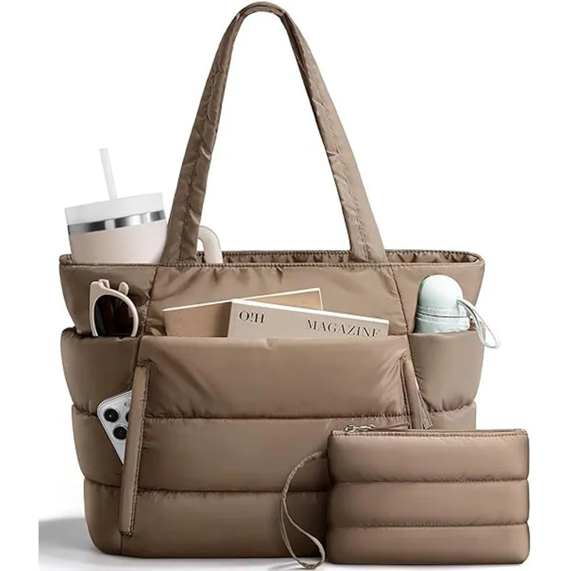Trendy Quilted Tote Bag for Women Multi Compartment Zip Top Handbag