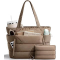 Trendy Quilted Tote Bag for Women Multi Compartment Zip Top Handbag