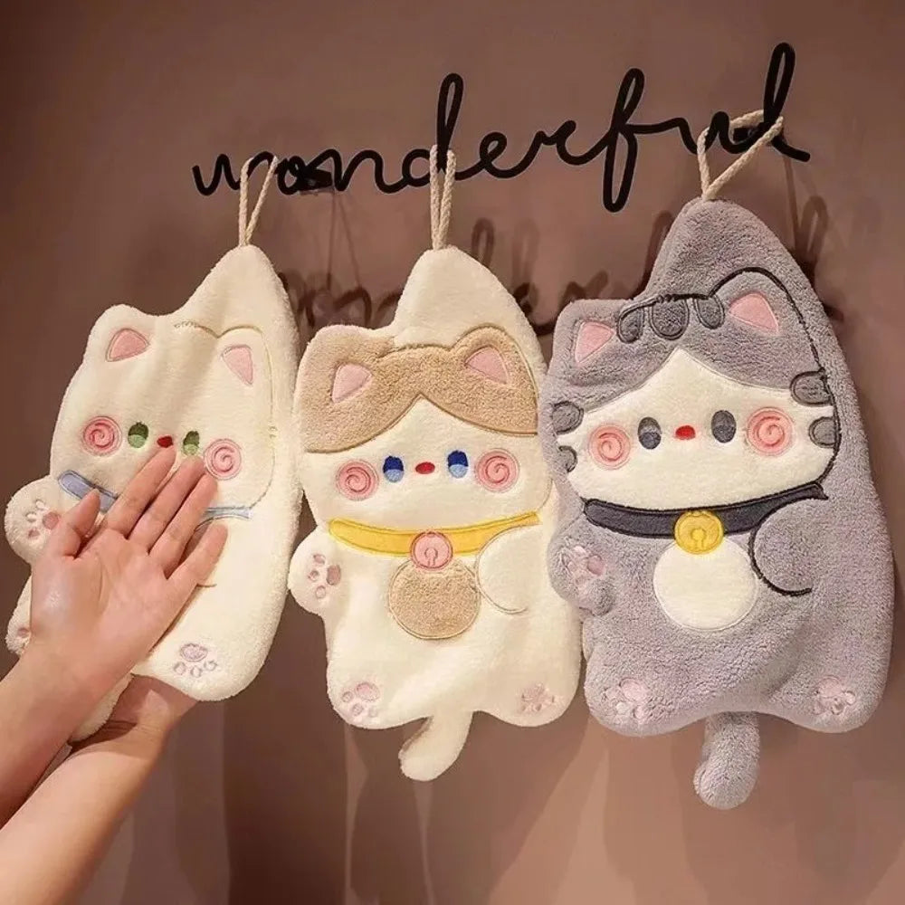 Cute Cat Hand Towel Quick Drying Kitchen Cleaning Rag Coral Velvet
