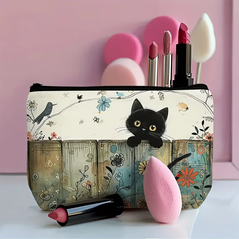 Black Cat Floral Zipper Pouch - Durable, Fade-Resistant Cosmetic Bag,