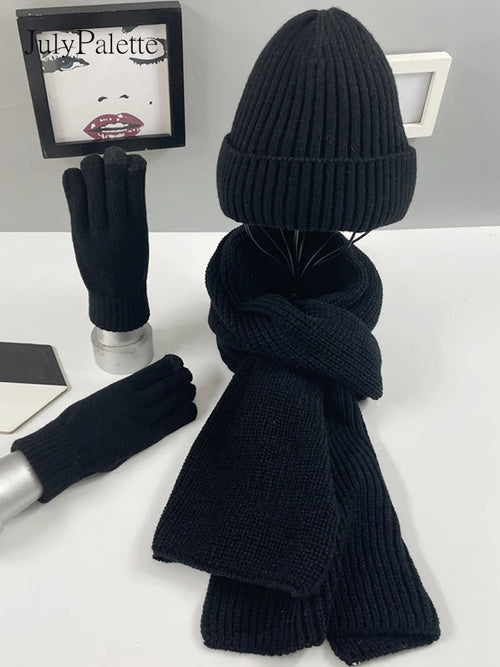 JulyPalette Solid Simple 3Pcs Knitted Set Winter Warm Beanie Hat Long