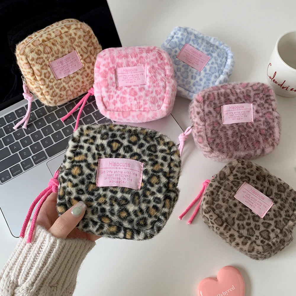 Fashion Trendy Plush Square Leopard Pattern Makeup Bag Winter Cute
