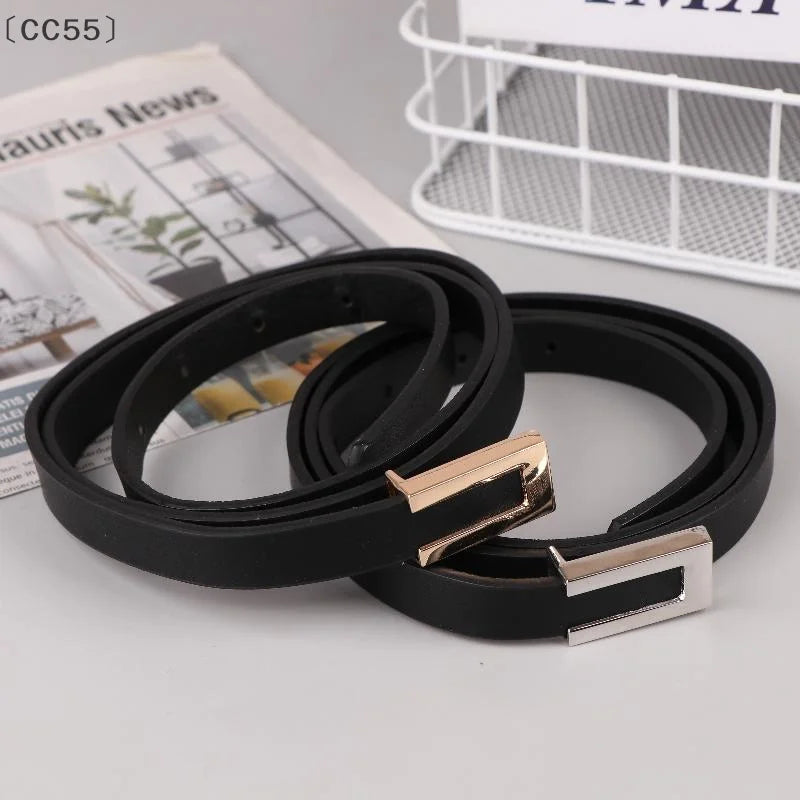〔CC55〕Women Thin Belt Black Gold Silver Metal Buckle Belt PU Casual
