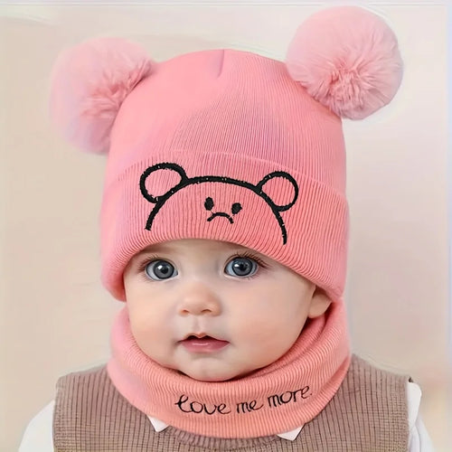 2pcs Winter Baby Hat Scarf Set Toddler Girl Boy Cap Knitted Beanie Fur