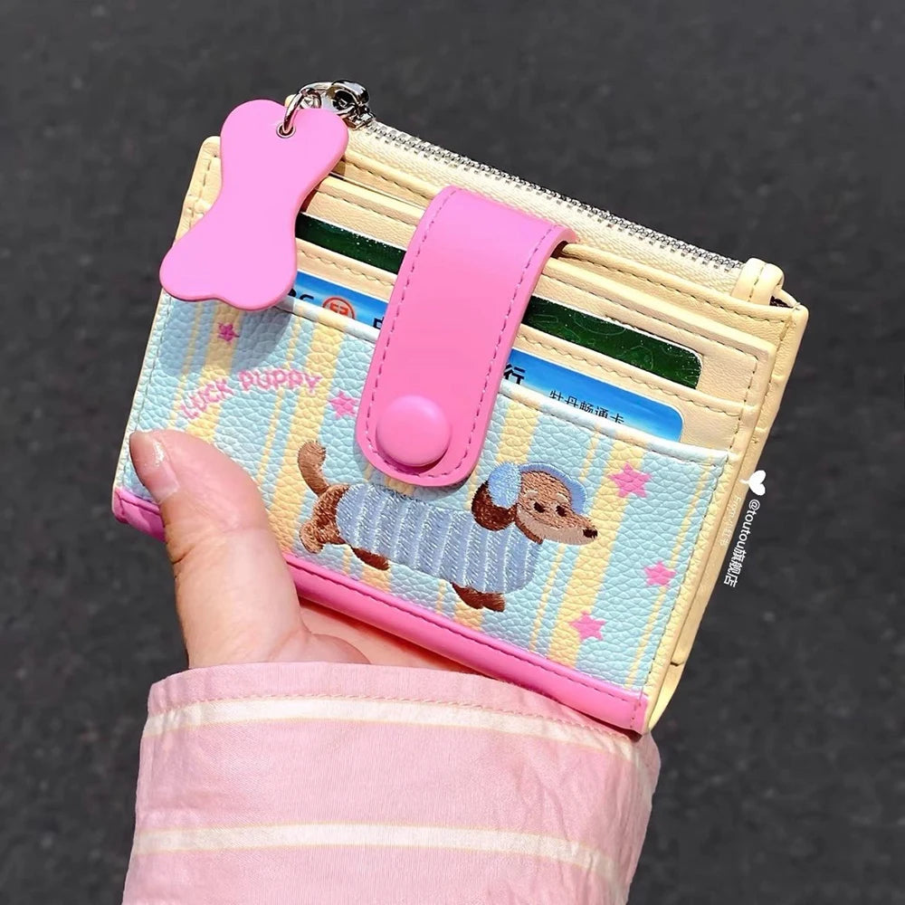 Women Cute Cartoon Embroidery Sausage Dog Wallet Zipper Coin Purse