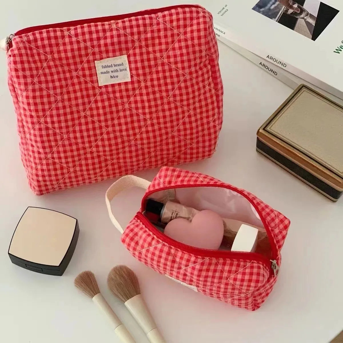 Women Large Capacity Checkered Cosmetic Bag Girls Cotton  Skincare