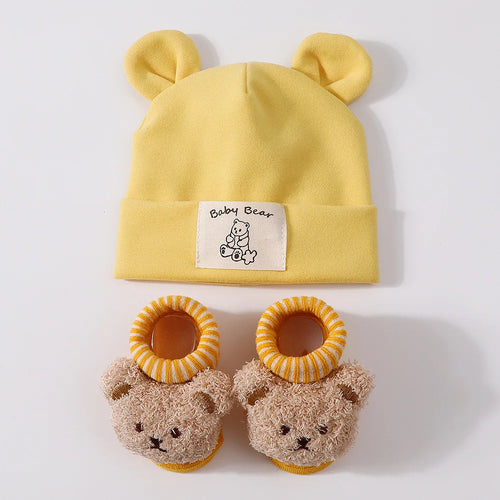 1Set Winter Bear Baby Warm Hats Socks For Newborn Autumn New Soft