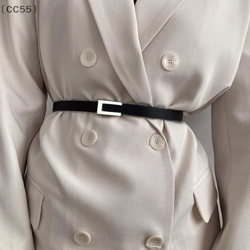 〔CC55〕Women Thin Belt Black Gold Silver Metal Buckle Belt PU Casual