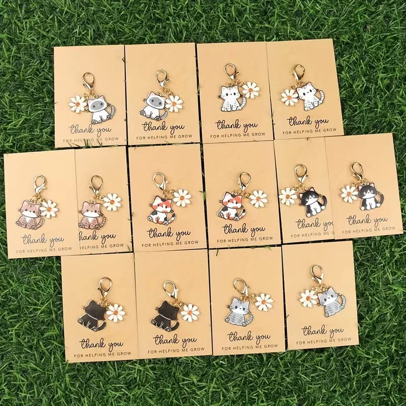 7/14-Piece Cute Cartoon Cat and Daisy Keychain Set, with Inspirational