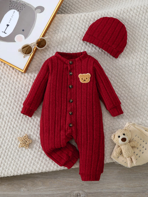 【Baby Boy】Autumn & Winter Red Onesie with Front Single-Breasted