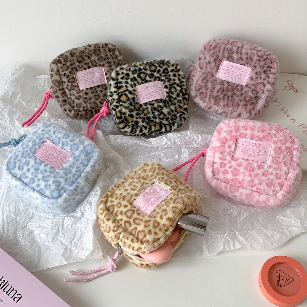 Fashion Trendy Plush Square Leopard Pattern Makeup Bag Winter Cute