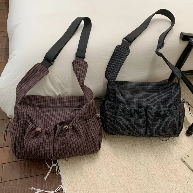 Korean Nylon Shoulder Bag Fashion Simple Plaid Zipper Tote Bag