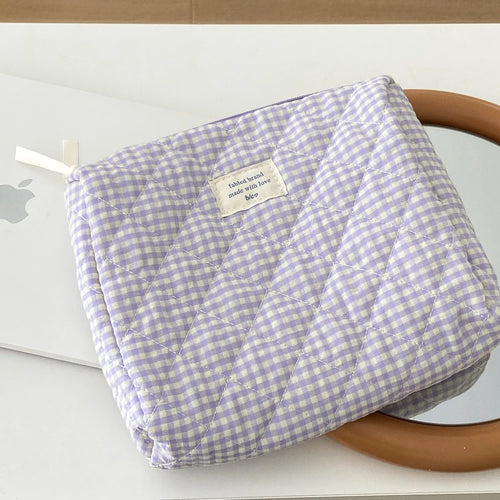Women Large Capacity Checkered Cosmetic Bag Girls Cotton  Skincare