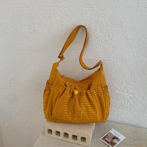 Korean Nylon Shoulder Bag Fashion Simple Plaid Zipper Tote Bag