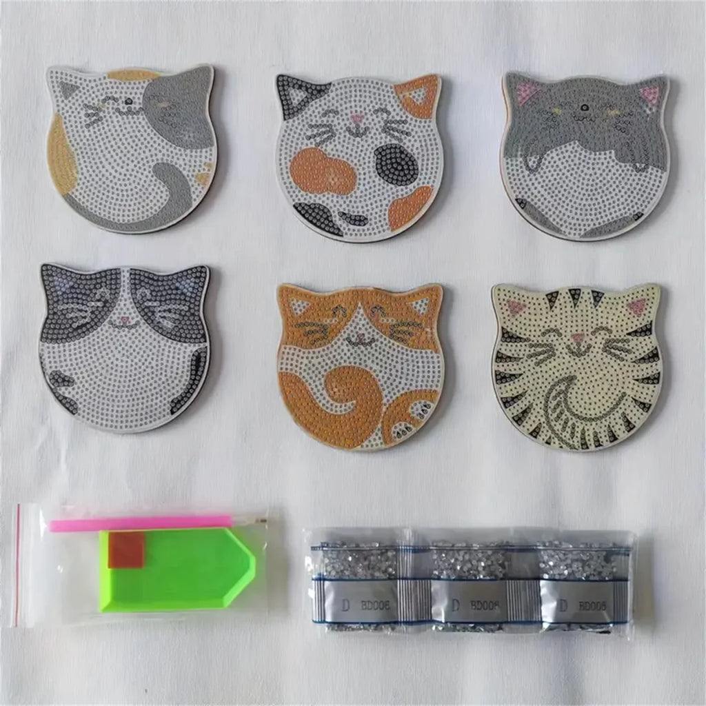 6 Pieces/set DIY Cat Rhinestone Painted Mosaic Drink Coaster, Wooden
