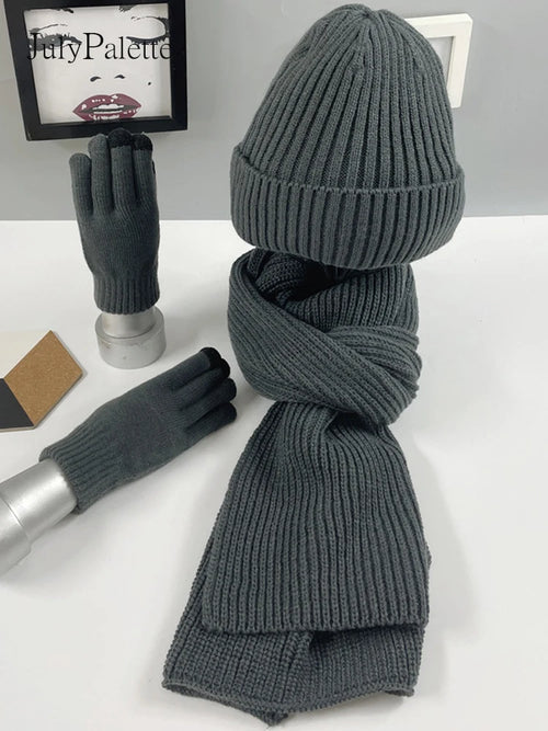 JulyPalette Solid Simple 3Pcs Knitted Set Winter Warm Beanie Hat Long