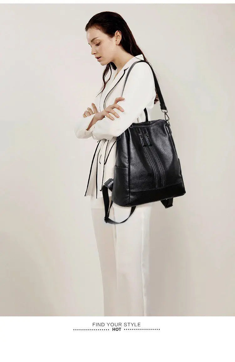 Women's Soft Leather Backpack — Black Casual Multifunctional School Bag